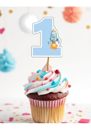 15 Adet Uzay Konsept One 1 Yaş Cupcake Kürdanı 6-7cm