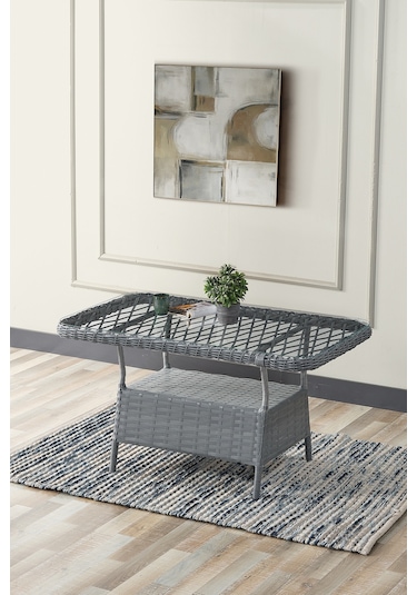 Edra Rattan Puflu Bahçe Balkon Takımı 3+1+1+camlı Masa Gri Gri