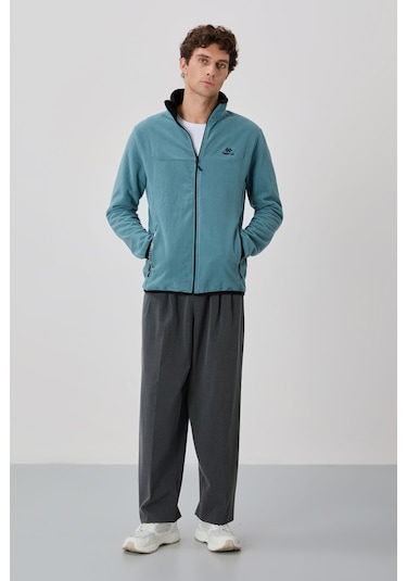 Tommy Life Mint Yeşili Yazı Nakışlı Dik Yaka Fermuarlı Standart Kalıp Erkek Sweatshirt Polar - 87992 Mint Yeşili