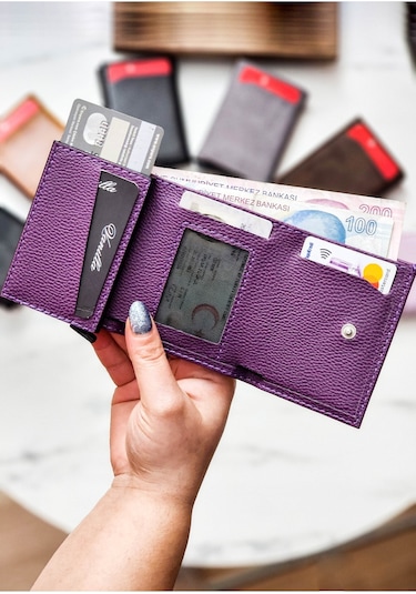 Brahma Model Unisex Vegan Deri Mekanizmalı Vegan Deri Rfıd Cüzdan Kartlık Portföy Mor