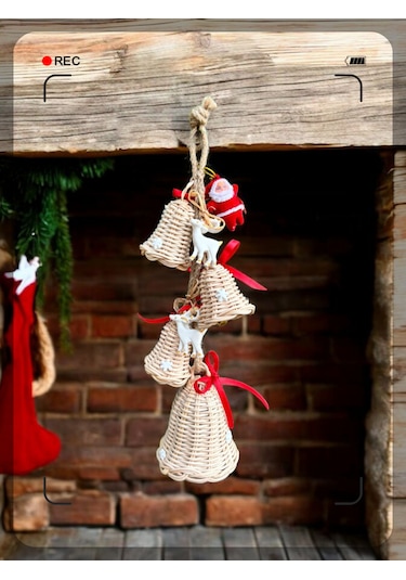 Bambu 4'lü Noel Çanı,geyik Noel Baba Arajmanlı Kapı Duvar Dekoru 33cm