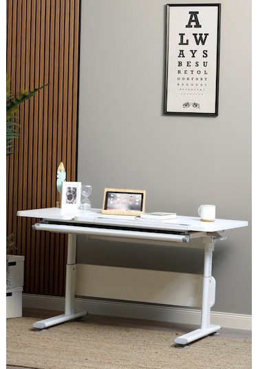Vega Simple Yükseklik Ayarlı Beyaz Ahşap Masa, Oyuncu Ve Bilgisayar Masası, Modern Çalışma Masası Gri