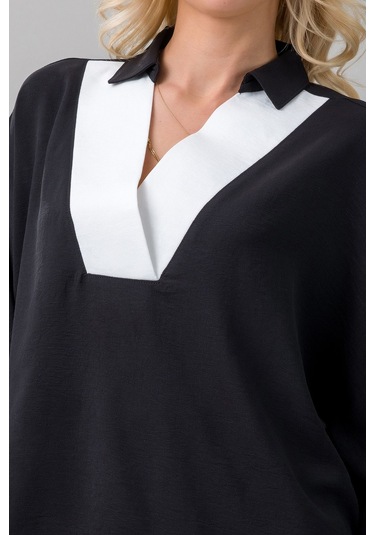 Kadın Gömlek Yakalı Yaka İndigo Mavi Kol Ucu Manşetli İnce Kot Kumaş Bluz Siyah