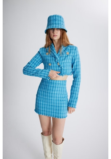 Holly Lolly Tüvit Kumaş Mini Tweed Etek Mavi