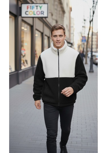 Premium Kalite Renk Bloklu, Fermuarlı, Dik Yaka, Sherpa, Polar, Peluş Ceket Siyah - Beyaz