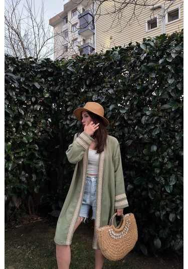 Kadın Hakı Müslin Kumaş, Hasır Şerit Detaylı Salaş Kimono Ceket Haki