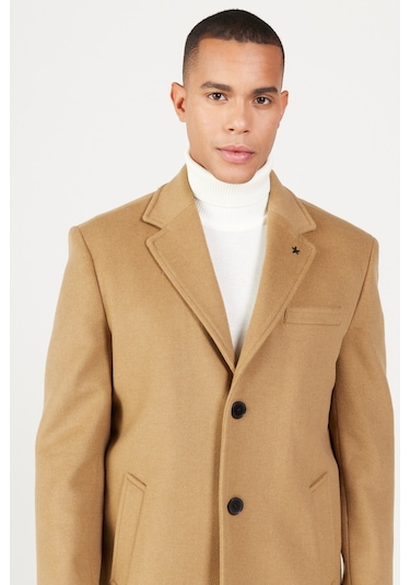Ac&Co / Altınyıldız Classics Erkek Camel Standart Fit Normal Kesim Mono Yaka Yünlü Palto Camel