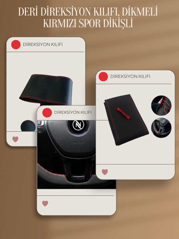 Hyundai Coupe Yerli Üretim Suni Deri Direksiyon Kılıfı, Dikmeli Kırmızı Spor Dikişli Çok Renkli