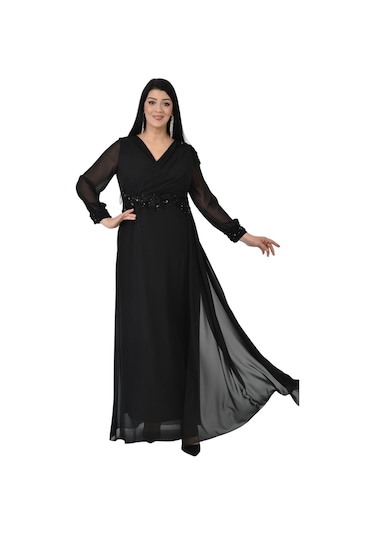 Lilas Xxl Kadın Büyük Beden Uzun Şifon Abiye Elbise 9573 Siyah