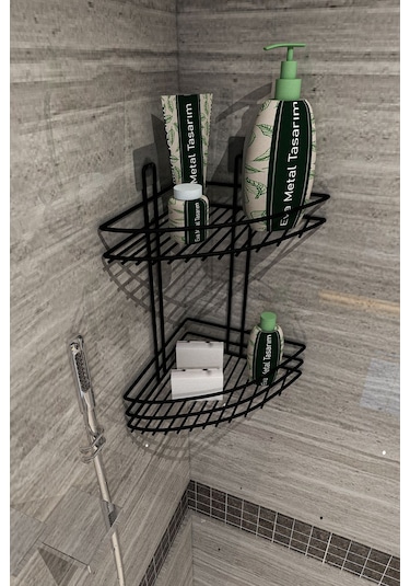 Corelle Kitchen Yapışkanlı 2 Katlı Banyo Köşeliği Köşe Rafı Duş Şampuanlık Duvar Düzenleyici Organizer Raf Siyah
