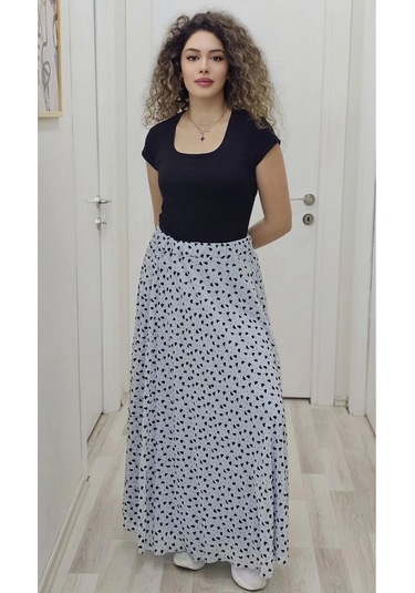 Bel Lastikli Flok Baskılı Kloş Şifon Etek 6003-siyah/mavi Siyah/mavi Siyah - Mavi