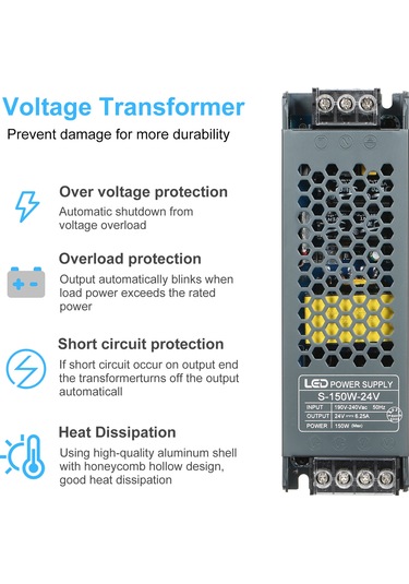 Lemestar Led Şeritler İçin 24v 150w Alüminyum Transformör - Ac190-240v'dan Dc'ye Dönüştürücü, Isınma Dağıtımı Ve Güvenlik Korumalarıyla
