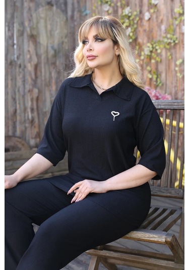 Kadın Günlük Patlı Gömlek Yaka Pantolon Takım Bürümcük Kumaş Siyah