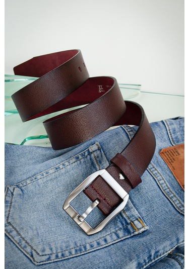 Özel Kutulu Hakiki Deri Bordo Erkek Kot-kumaş Pantolon Kemer