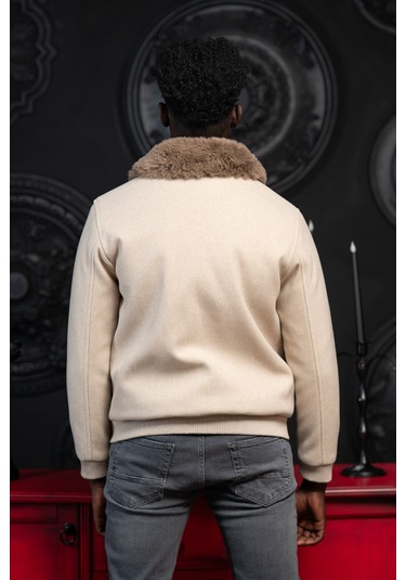 Slimfit Kürklü Sabit Yaka Beli Lastikli Astarlı Kaşe Mont Krem