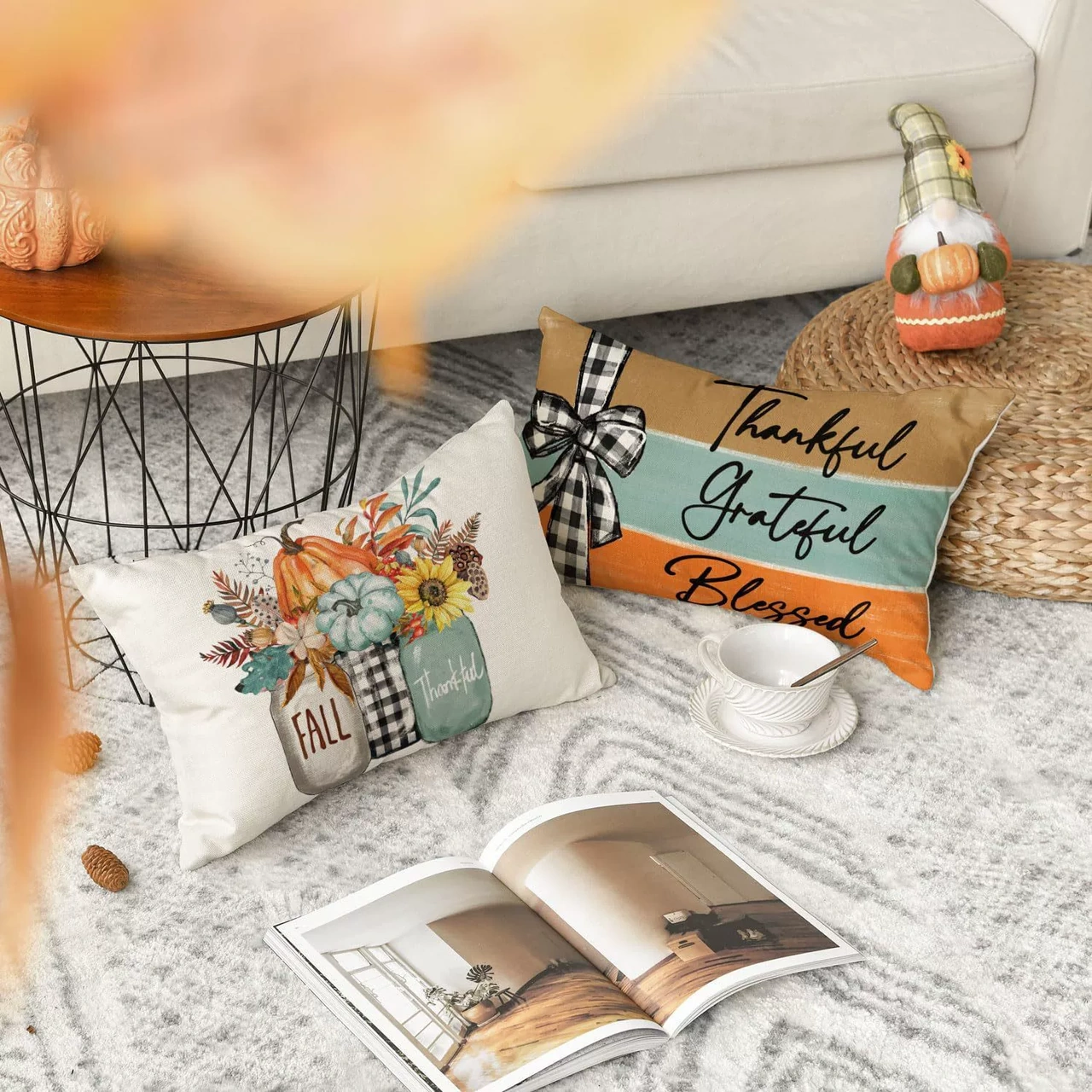 Hombey Kışlık Balkabağı Akçaağaç Yaprağı Desenli聚酯材质 Yastık Kılıfı, 2 Adet Paket, Otomobil Ve Koltuk Dekorasyonu Mavi