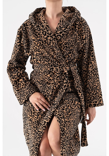 Soley Panthera %100 Pamuk Kadın / Erkek Bornoz Unisex Leopar Baskılı - Kahve Biyeli