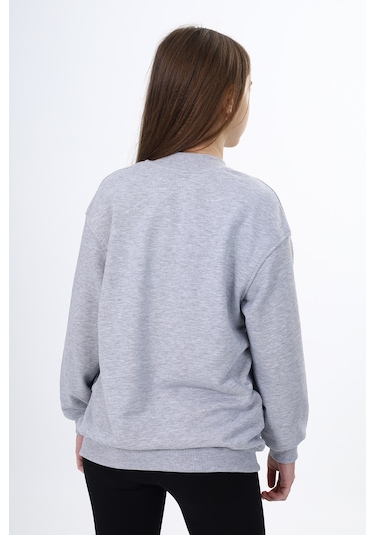 Toontoy Kız Çocuk Kolej Yaka Fermuarlı Cepli Düşük Omuz Baskılı Örme Hırka - 2 İplik Şardonlu Gri Melanj