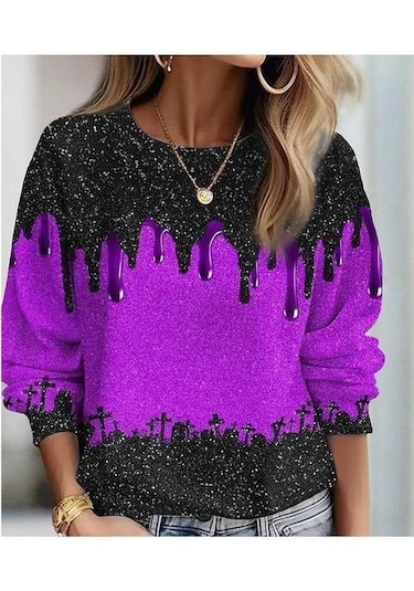 Novahub Mor Sonbahar Kış Kadın Kapşonlu Kazak Yuvarlak Yaka Kontrast Renk, Elastik, 100% Polyester, Soğuk Su Yıkama Mor