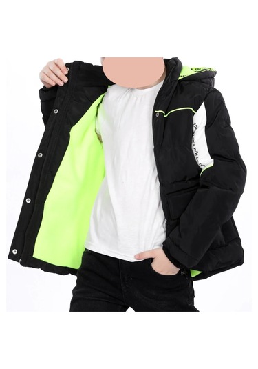 Erkek Çocuk Kolları Renk Bloklu Yazı Desenli Şerit Detaylı Fermuar Çıtçıt Kapamalı Siyah Renk Mont Siyah