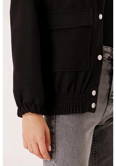Beli Lastikli Torba Cepli Kaşe Bomber Mont-35004-Siyah