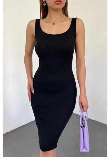 Kadın Kalın Askılı Kare Yaka Kolsuz Kısa Elbise Siyah