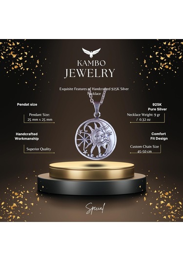 925 Ayar Gümüş Güneş Ve Ay Kolye - Göksel Kolye - El Yapımı Gümüş Takı Gümüş