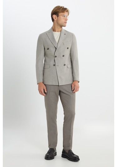 Erkek Vızon Yünlü Slim Fit Dar Kesim Kırlangıç Yaka Kapak Cepli Blazer Ceket Vizon