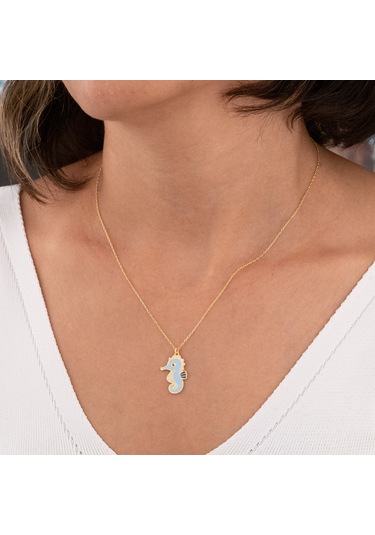 Dkmn Gümüş 925 Ayar Gümüş Mineli Denizatı Kolye Mavi Beyaz