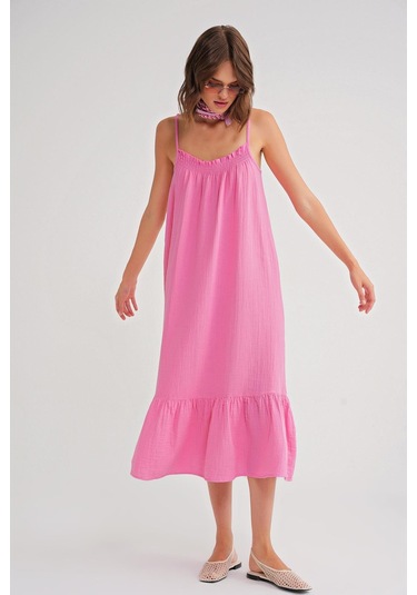 4740 Kadın Askılı Müslin Midi Elbise Pembe Pembe
