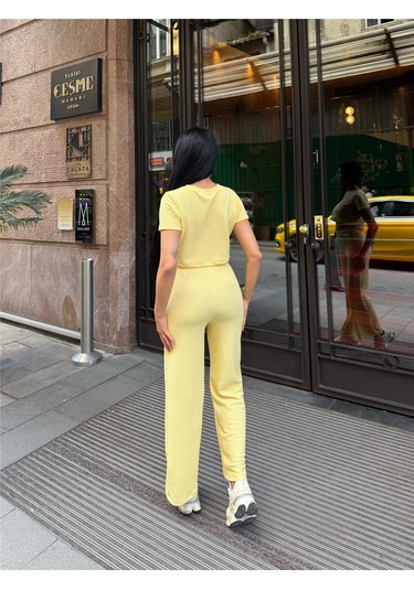 Sarı Modal Keten Desenli Bisiklet Yaka Takım Sarı