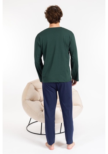 Erkek Penye Pamuk Regular Kalıp Sıfır Yaka Kaliteli Pijama Takımı A803123 Yeşil