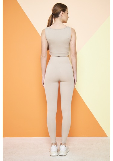 Haki Yüksek Bel Fitilli Toparlayıcı İnterlok Örme Şardonlu Spor Kışlık Tayt Bej