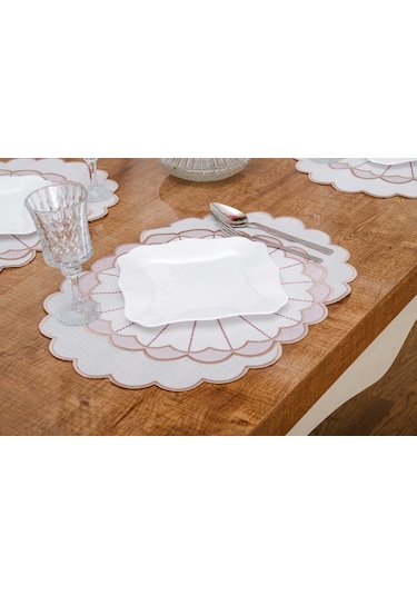 Finezza Mila Nakışlı Keten Efekt Kumaş Krem Pembe A.Servis 34x45 cm 4 Ad-1393 Krem
