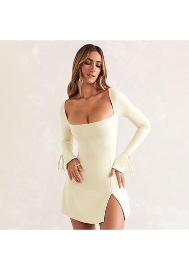 Kadın Sonbahar Ve Kış Yeni İpli Uzun Kollu Düz Renk Kare Yaka Dar Kesim Yüksek Bel Yırtmaçlı Elbiseler Kayısı