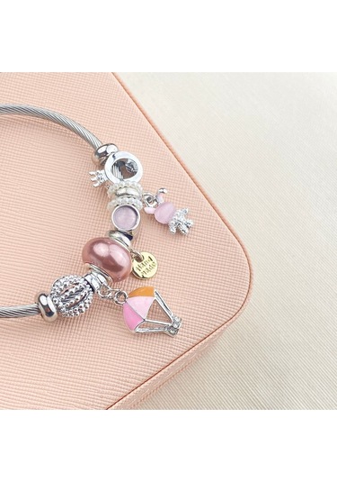 Charm Bileklik Tavşan Uçan Balon Figürlü Çelik Bileklik Gümüş Pembe Gümüş