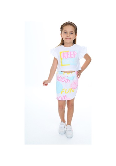 Toontoy Kız Çocuk Baskılı Etekli Takım Beyaz