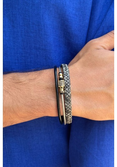 El İşçiliği İle Üretilmiş Hakiki Deri Erkek Bileklik Beyaz - Altın