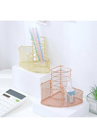 Ganzhoushop Zarif Gül Altın Örgü Kalemlik Üçgen Şekilli Metal Kırtasiye Saklama Tutucu 3 Bölmeli Ofis Ev Okul Gül Altınaltın