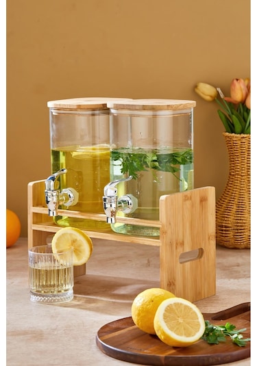 Cooker 2,5+2,5 Litre Bambu Kapaklı İkili Borosilikat Cam Sebil Seti Ckr3841