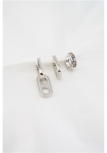 Kadın Altın Kaplama Renkli Zirkon Taşlı 3'lü Küpe Set - Gümüş