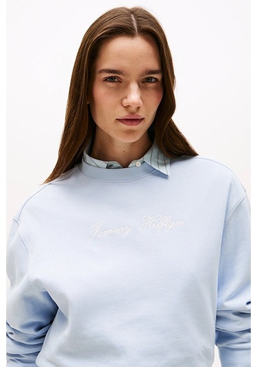 Kadın Yazı Nakışlı Bisiklet Yaka Sweatshirt - Açık Mavi Breezy Blue