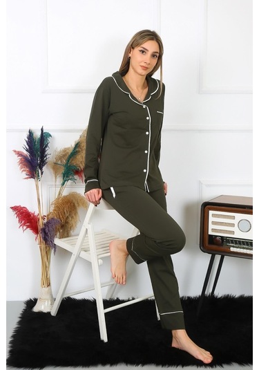 Akbeniz Kadın Pamuk Penye Önden Düğmeli Uzun Kol Haki Pijama Takım 2782-haki Haki