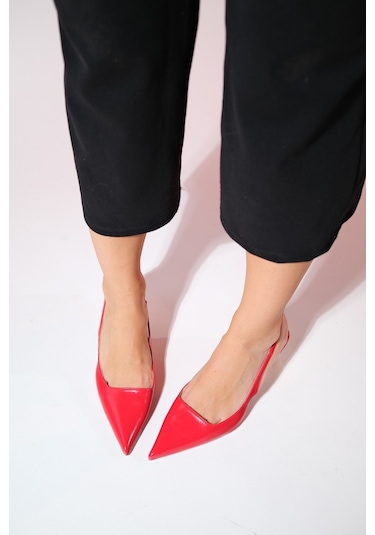 Luvishoes Marten Kırmızı Cilt Kadın Sivri Burun Arkası Açık İnce Topuklu Ayakkabı Kırmızı