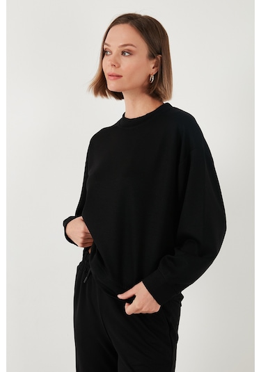Lela Streç Bisiklet Yaka Oversize Fit Scuba Bayan Sweat 5865879 Siyah