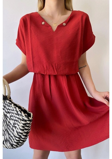 Kadın Mercan Kısa Kol, Kalp Yaka, Dokulu Desen, Bele Oturan, Aerobin Lastikli Bel Midi Elbise Mercan