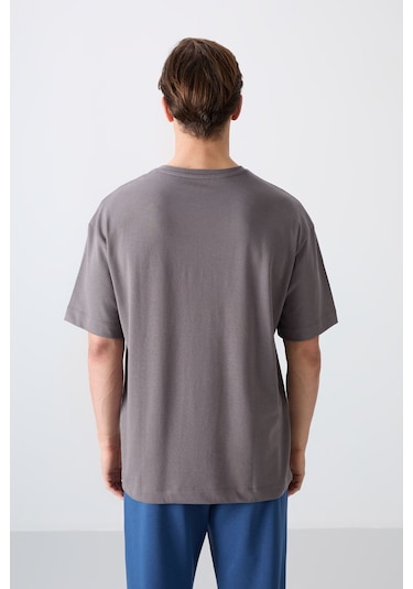 Tommy Life Koyu Gri Pamuklu Kalın Yumuşak Dokulu Oversize Fit Baskılı Erkek T-shirt - 88334 Koyu Gri