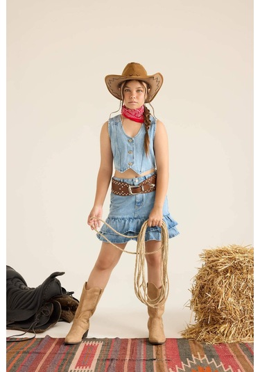 Defacto Kız Çocuk Pamuklu Katlı Jean Etek F7167a825aunm28 Mavi