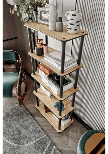 5 Katlı Dekoratif Diktörtgen Kitaplık Meşe Meşe