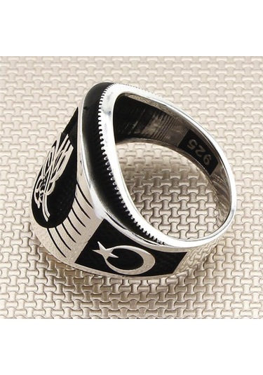 Gümüş Ay Yıldız Işlemeli Tuğra Erkek Yüzük